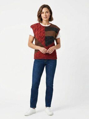 Lucia Women Size Small Red Black Chunky Sleeveless Ramie Blend Hand Knit Sweater